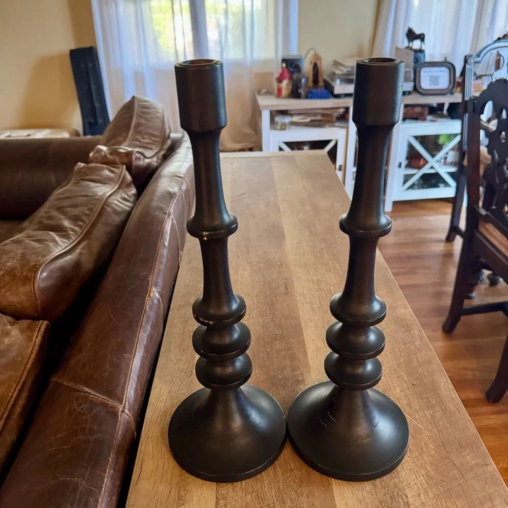 Cost Plus World Market Black Mango Wood Ringed Taper Candle Holder Matte 16